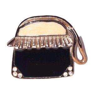Vintage Mini Hand Bag Purse Gold Tone Black/Tan Enamel Rhinestone Brooch Pin